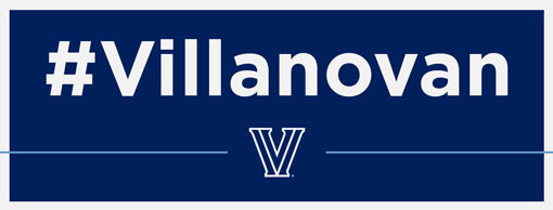 large #Villanovan blue tag with "V" logo and small turquoise line